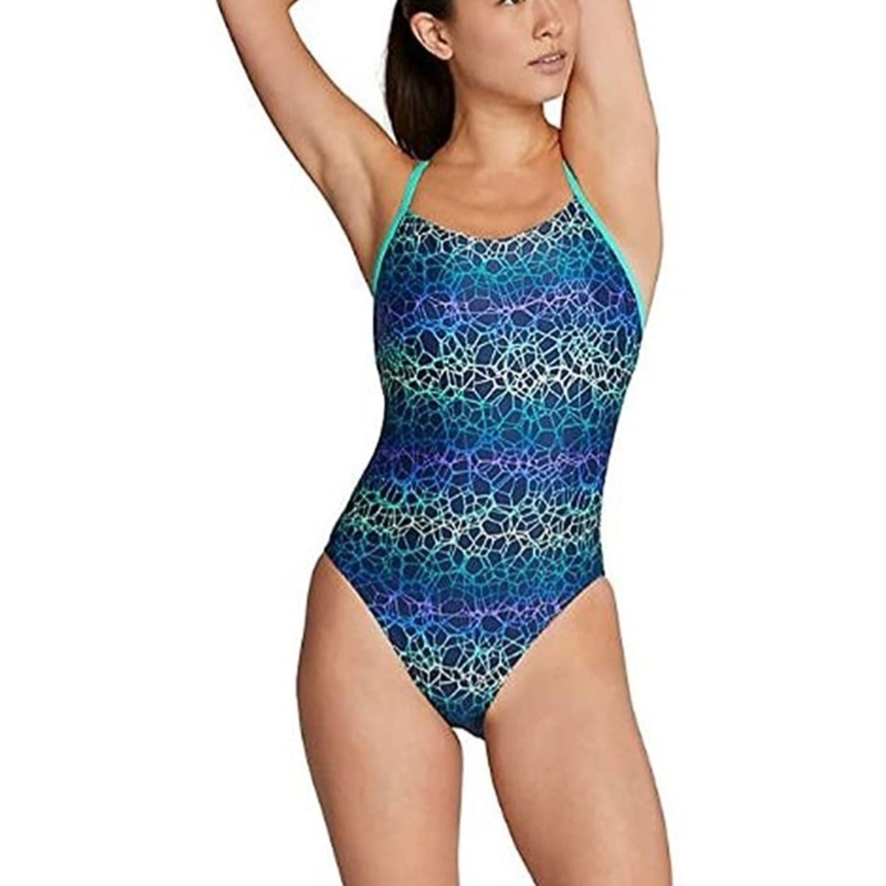 NWOT Speedo PowerFLEX Eco Bubble Ombre Blue Teal Relay Back One-Piece Swimsuit